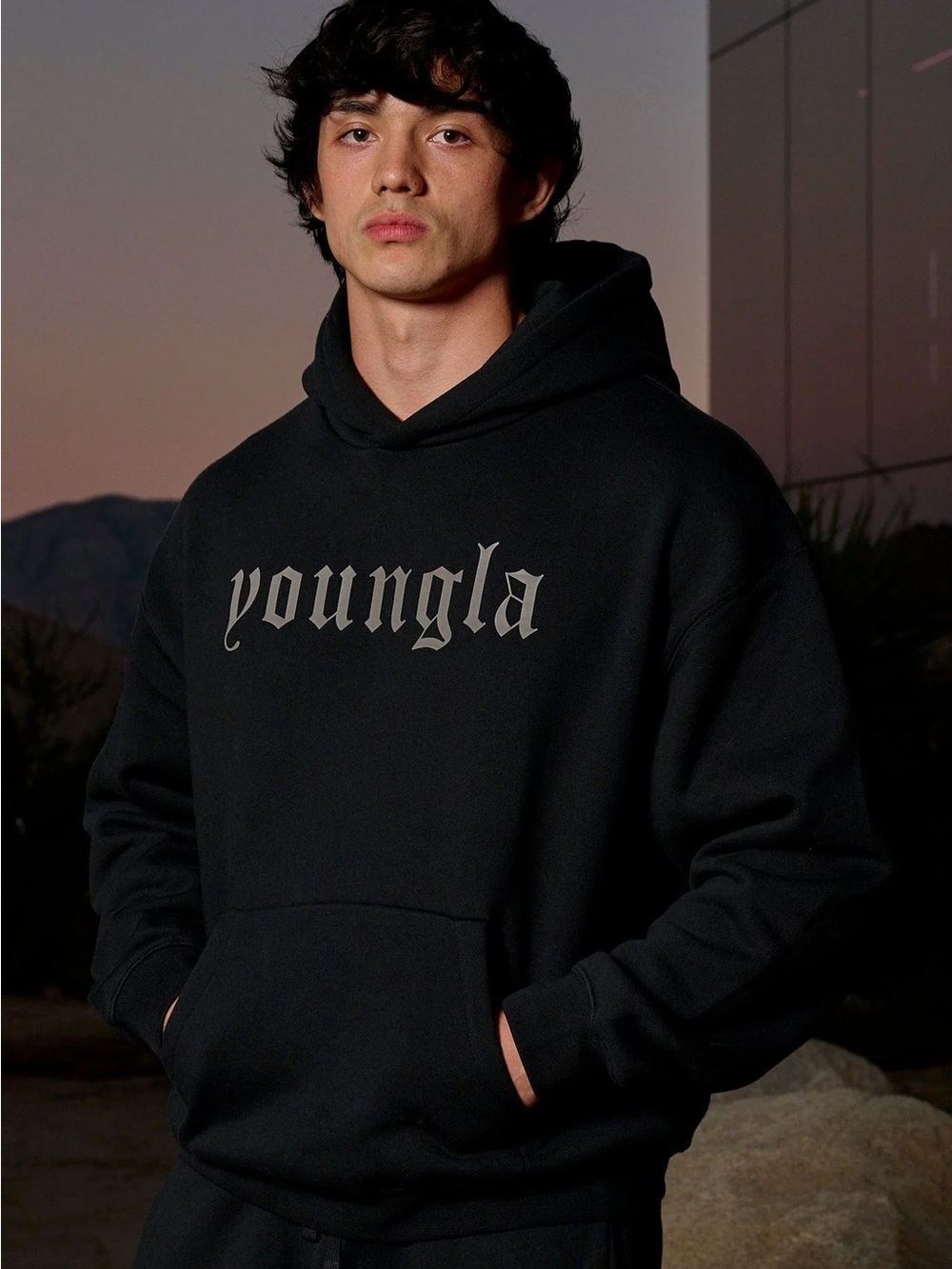 YoungLA Black Hoodie with White/Gray Chest Logo